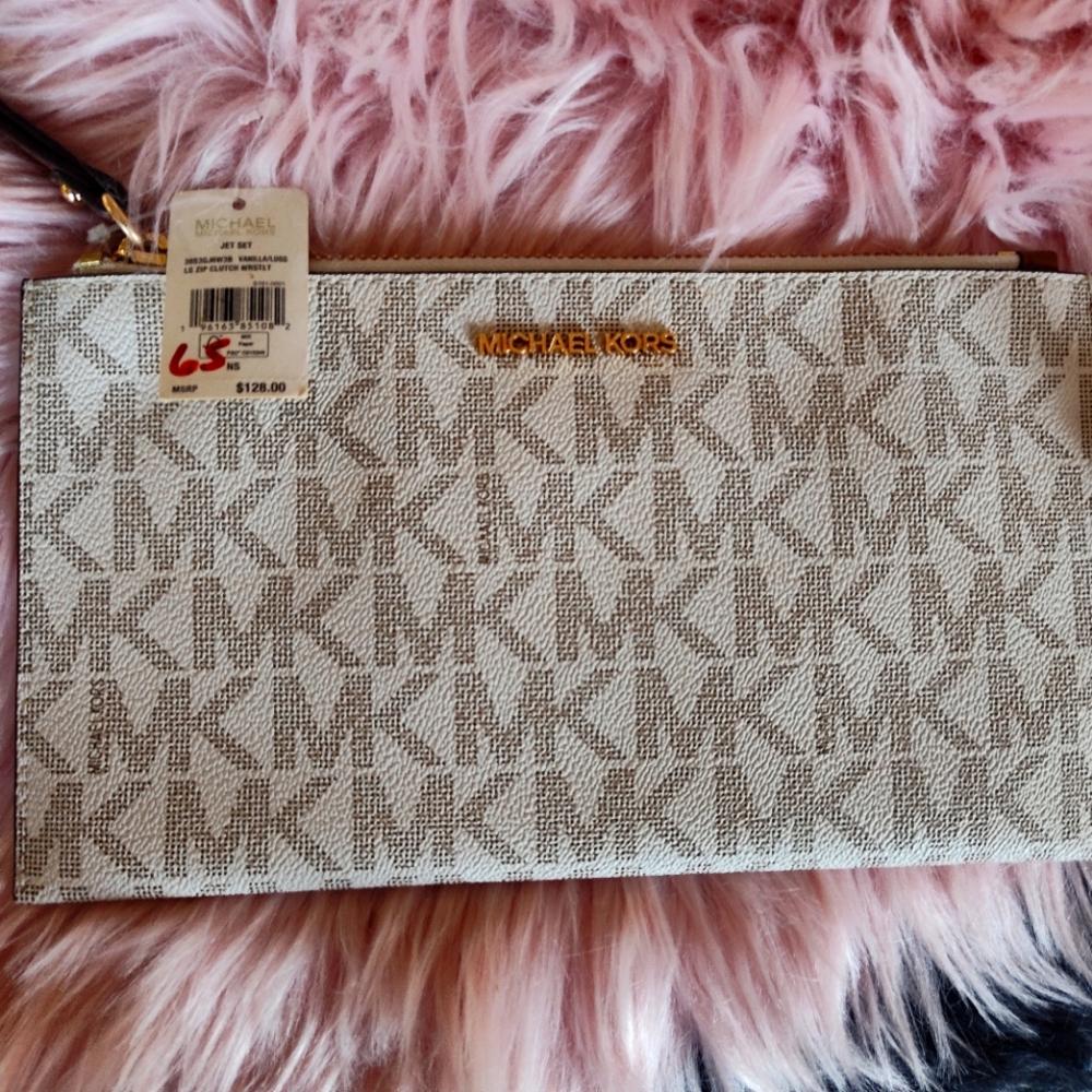 Michael Kors White and Gray Clutch with Iconic Design